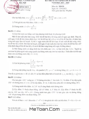 Đề Thi Tuyển Sinh Lớp 10 Môn Toán Năm 2021 - 2022 Sở GD&ĐT Hà Nội