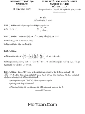 Đề Thi Tuyển Sinh Lớp 10 Môn Toán Sở GD&ĐT Ninh Thuận Năm Học 2019 - 2020