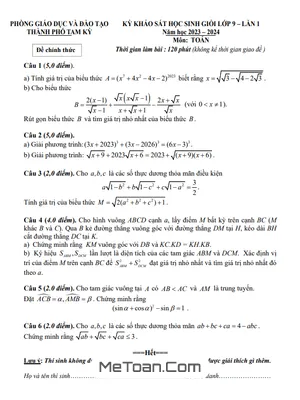Đề khảo sát HSG Toán 9 lần 1 năm 2023 - 2024 phòng GD&ĐT Tam Kỳ - Quảng Nam