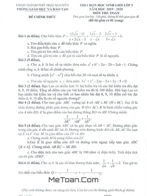 Đề thi học sinh giỏi Toán 9 năm 2019 - 2020 phòng GD&ĐT thành phố Thái Nguyên