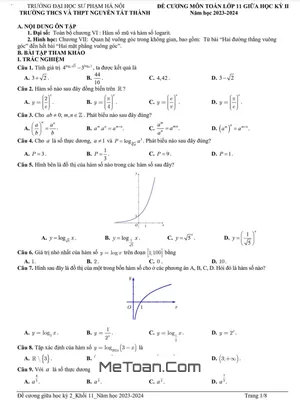 Đề Cương Ôn Tập Toán 11 Giữa Kỳ 2 Năm 2023 - 2024 Trường Nguyễn Tất Thành - Hà Nội