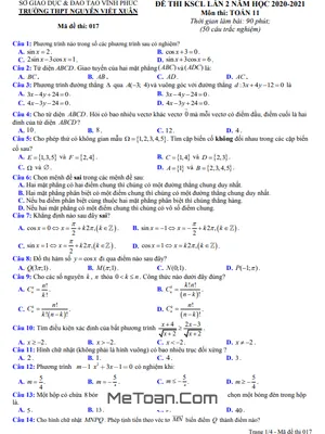 Đề KSCL lần 2 Toán 11 năm 2020 – 2021 trường THPT Nguyễn Viết Xuân – Vĩnh Phúc