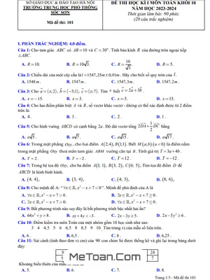 Đề thi học kì 1 Toán 10 năm 2023 - 2024 trường THPT Sóc Sơn - Hà Nội