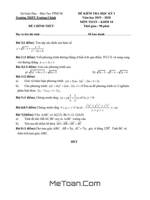Đề thi học kỳ 1 Toán 10 năm 2019 - 2020 trường THPT Trường Chinh - TP.HCM