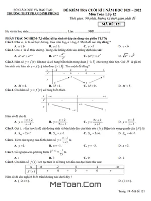 Đề Thi Cuối Kì 1 Toán 12 Năm 2021 - 2022 Trường THPT Phan Đình Phùng - Quảng Bình