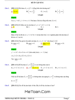 20 Đề Ôn Tập Thi Học Kỳ 1 Toán 12 Có Đáp Án Và Lời Giải Chi Tiết