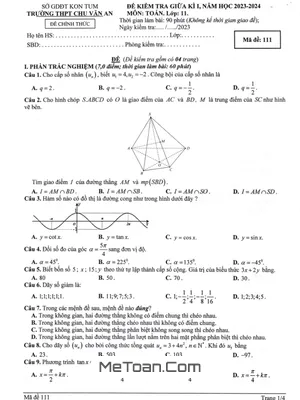 Đề Thi Giữa Kì 1 Toán 11 Năm 2023 - 2024 Trường THPT Chu Văn An - Kon Tum