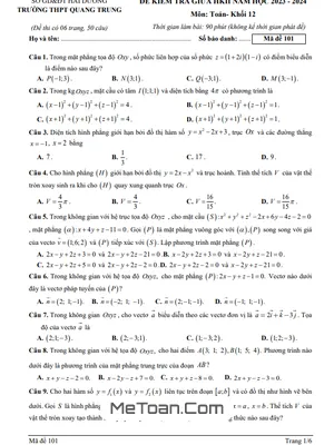 Đề thi giữa HK2 Toán 12 năm 2023 - 2024 trường THPT Quang Trung - Hải Dương