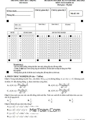 Đề thi học kỳ 2 Toán 10 năm 2022 - 2023 trường THPT Đức Trọng - Lâm Đồng (có đáp án)