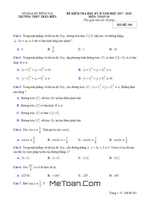 Đề thi HK2 Toán 10 năm 2017 - 2018 trường THPT Trấn Biên - Đồng Nai (có đáp án)