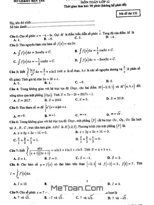 Đề thi học kỳ 2 Toán 12 năm học 2017 - 2018 Sở GD&ĐT Bến Tre - Mã đề 132