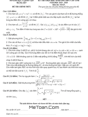 Đề thi HSG Tỉnh Toán 12 THPT năm 2019 - 2020 Sở GD&ĐT Hưng Yên