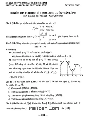 Đề Thi Cuối Kì 2 Toán 11 Năm 2022 - 2023 Trường Lê Thánh Tông - TP HCM