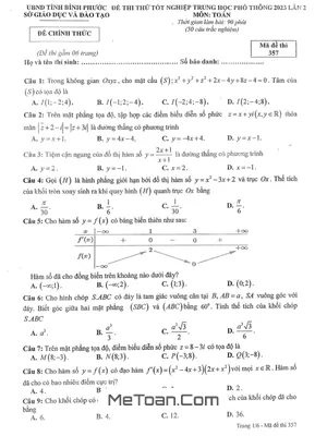 Đề thi thử THPT Quốc gia 2023 môn Toán lần 2 Sở GD&ĐT Bình Phước