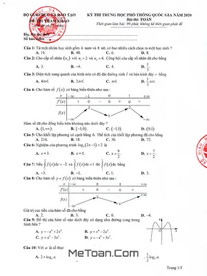 Đề thi tham khảo THPT Quốc gia năm 2020 môn Toán