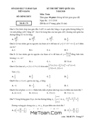 Đề thi thử Toán THPT Quốc gia 2018 sở GD&ĐT Tiền Giang mã đề 173