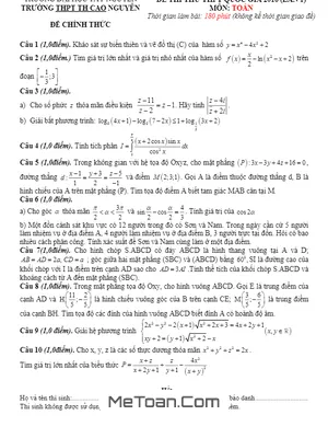 Đề thi thử THPT Quốc gia 2016 môn Toán trường THPT Thực hành Cao Nguyên - Tây Nguyên lần 1