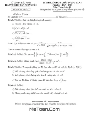Đề kiểm định chất lượng Toán 10 lần 2 năm 2019 - 2020 trường THPT Yên Phong 2 - Bắc Ninh