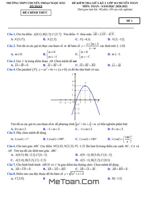 Đề Thi Giữa Kỳ 1 Toán 10 Chuyên 2020-2021 Trường THPT Chuyên Thoại Ngọc Hầu - An Giang