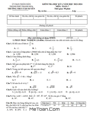 Đề thi học kì 1 Toán 7 năm 2023 - 2024 trường THCS Tào Xuyên - Thanh Hóa