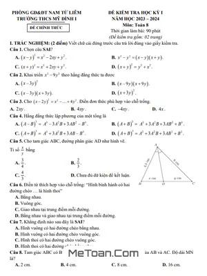 Đề thi học kỳ 1 Toán 8 năm 2023 - 2024 trường THCS Mỹ Đình 1 - Hà Nội