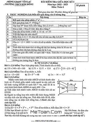 Đề Thi Giữa Kỳ 1 Toán 6 Năm 2022 - 2023 Trường THCS Kim Đồng - Hòa Bình