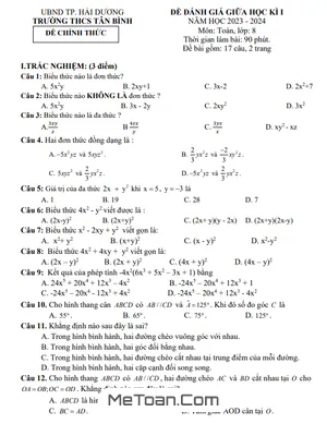 Đề Thi Giữa Kì 1 Toán 8 Năm 2023 - 2024 Trường THCS Tân Bình - Hải Dương