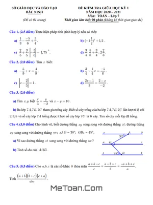Đề thi giữa kì 1 Toán 7 năm 2020 - 2021 Sở GD&ĐT Bắc Ninh