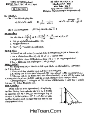 Đề thi học kì 1 Toán 9 năm 2020 – 2021 phòng GD&ĐT Gia Lâm - Hà Nội
