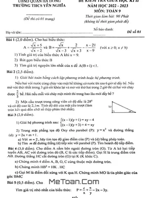 Đề Thi Giữa Kì 2 Môn Toán Lớp 9 Năm 2022 - 2023 Trường THCS Yên Nghĩa - Hà Nội