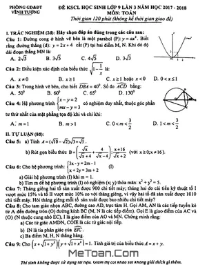 Đề KSCL Toán 9 Năm Học 2017-2018 Phòng GD&ĐT Vĩnh Tường - Vĩnh Phúc Lần 3 (Có Đáp Án)