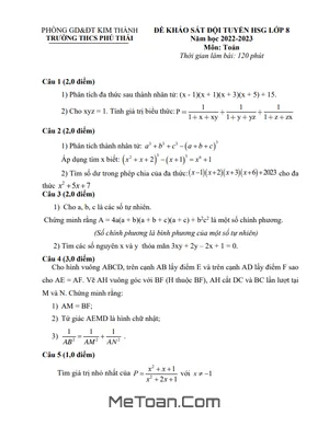 Đề khảo sát HSG Toán 8 năm 2022 - 2023 trường THCS Phú Thái - Hải Dương
