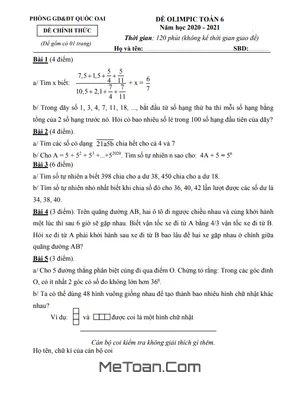 Đề thi Olympic Toán 6 năm 2020 - 2021 phòng GD&ĐT Quốc Oai - Hà Nội