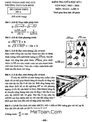 Đề Thi Giữa Kỳ 1 Toán 9 Năm 2023 - 2024 Trường THCS Tam Bình - TP.HCM