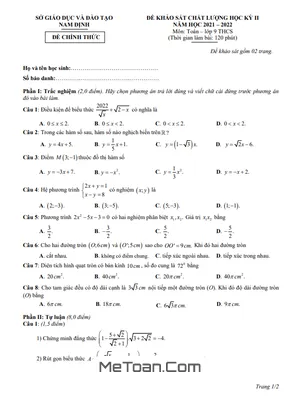 Đề khảo sát chất lượng học kỳ 2 Toán 9 năm 2021 - 2022 Sở GD&ĐT Nam Định