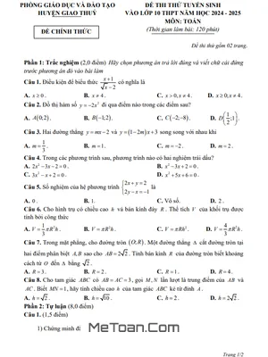 Đề thi thử Toán lớp 10 năm 2024 - 2025 phòng GD&ĐT Giao Thủy - Nam Định