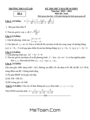 Đề thi thử Toán vào lớp 10 năm 2023 - 2024 trường THCS Lê Lợi - Thanh Hóa