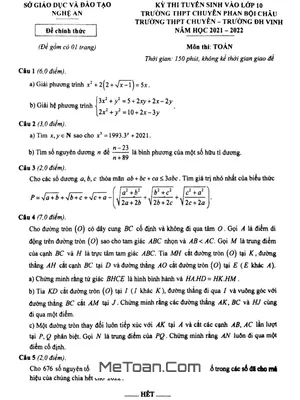Đề Thi Vào Lớp 10 Chuyên Toán Sở GD&ĐT Nghệ An Năm 2021 - 2022