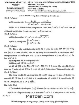 Đề thi HSG tỉnh Toán 9 năm 2022-2023 sở GD&ĐT Long An