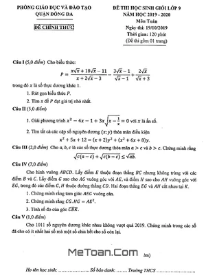 Đề thi học sinh giỏi Toán 9 năm 2019 - 2020 phòng GD&ĐT Đống Đa - Hà Nội