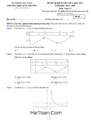 Đề dự bị giữa kỳ 1 Toán 12 năm 2024 - 2025 trường THPT Hàn Thuyên - Bắc Ninh