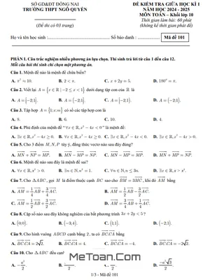 Đề thi giữa học kỳ 1 Toán 10 năm 2024 - 2025 trường THPT Ngô Quyền - Đồng Nai