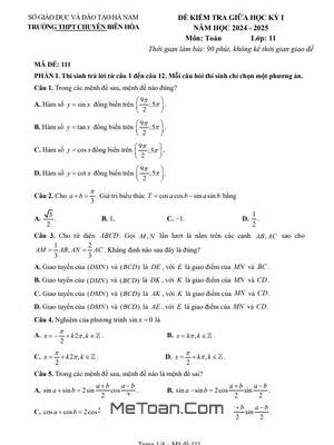 Đề giữa học kỳ 1 Toán 11 năm 2024 - 2025 trường chuyên Biên Hòa - Hà Nam