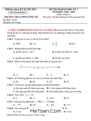 Đề Tham Khảo Cuối Kỳ 1 Toán 6 Năm 2024 - 2025 Phòng GD&ĐT Thủ Đức - TP HCM
