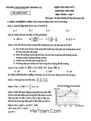 Đề học kỳ 1 Toán 7 năm 2024 - 2025 trường THCS Nguyễn Trường Tộ - Hà Nội