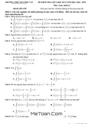 Đề Thi Giữa Học Kỳ 2 Toán 12 Năm 2024 – 2025 Trường THPT Phù Cát 3 – Bình Định