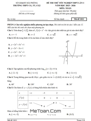 Đề Thi Thử Tốt Nghiệp THPT 2026 Lần 1 Môn Toán Trường THPT CG-TT-CG2 – Hải Phòng