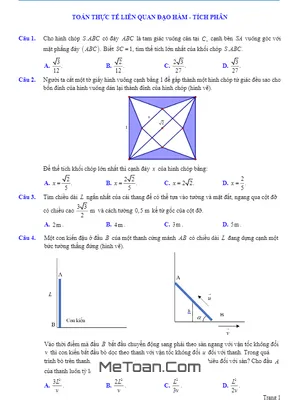 50 Bài Toán Thực Tế Liên Quan Đạo Hàm - Tích Phân Có Lời Giải