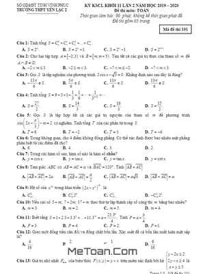 Đề KSCL Toán 11 lần 2 năm 2019 - 2020 trường THPT Yên Lạc 2 - Vĩnh Phúc
