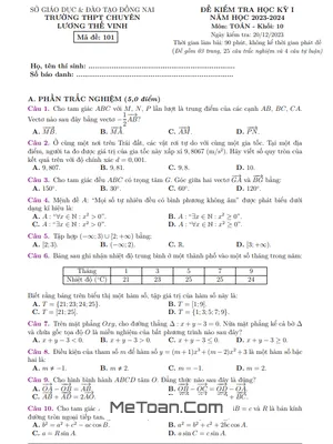 Đề thi học kì 1 Toán 10 năm 2023 - 2024 trường chuyên Lương Thế Vinh - Đồng Nai